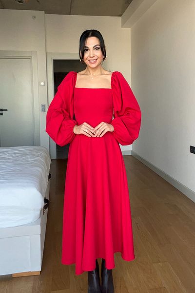Seda Yalçın Atelier Red Zernes Balloon Sleeve Midi Dress