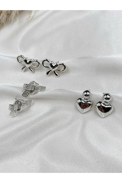 Eylülün Takısı Women's Silver Color 3 Pairs Design Earrings Set