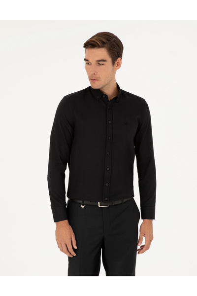 Pierre Cardin قميص أكسفورد أسود بأكمام طويلة وقصة ضيقة 50289396-VR046