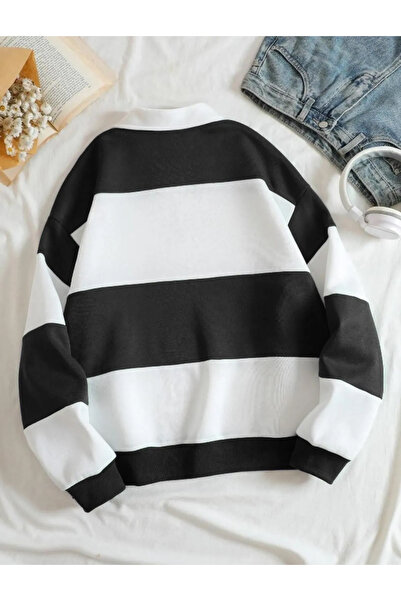 FAVORİST Unisex Oversize Polo Collar Brown Striped Sweatshirt - Half Zipper