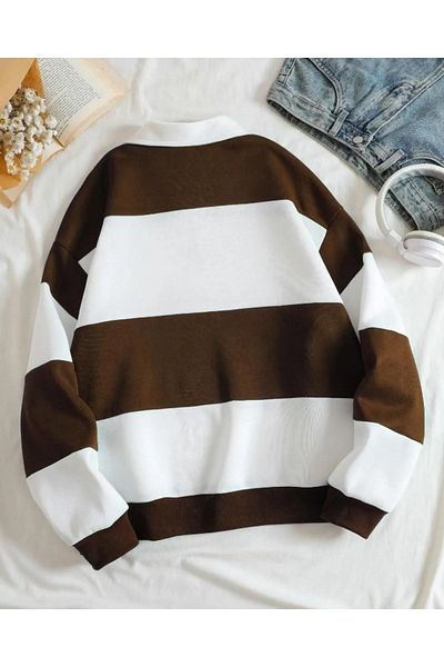 FAVORİST Φούτερ Unisex Oversize Polo Neck Καφέ ριγέ φούτερ - Μισό φερμουάρ
