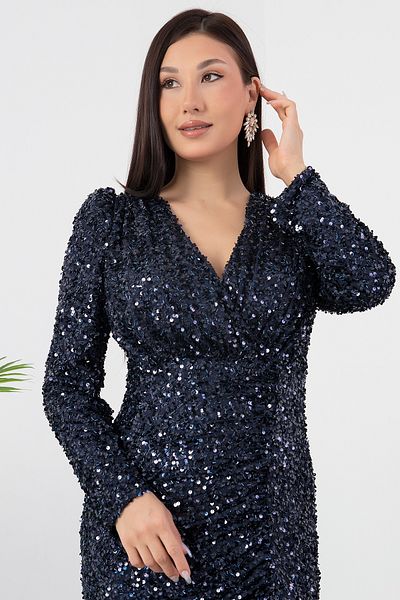 PULLIMM Double Breasted Collar Long Sleeve Sequin Dress Ecr5393