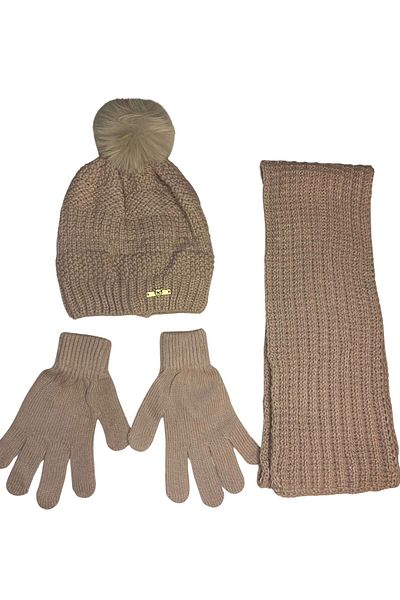 Kitti Milk Coffee Colored Fleece Beanie Scarf Gloves Set of 3 for 9-15 Years Old Girls with Borehole and Acrylic Pompom