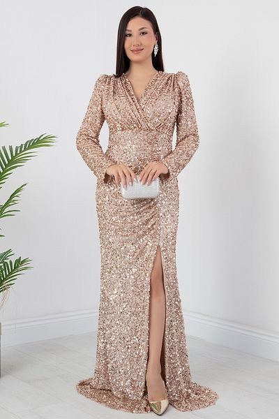 PULLIMM Double Breasted Collar Long Sleeve Sequin Dress Ecr5393