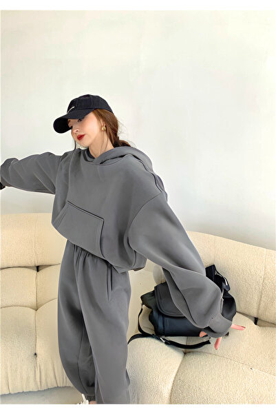 YAKAMEL KADIN 3 İPLİK KALIN MEVSİMLİK OVERSİZE EŞOFMAN TAKIMI