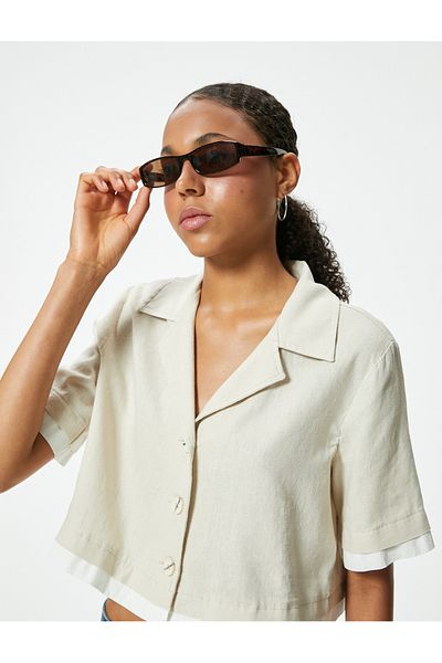 Koton Linen Blended Oversize Crop Shirt - Short Sleeve, Buttoned, Turn-Down Collar