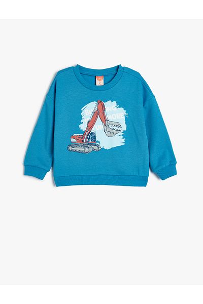 Koton Crane Printed Cotton Sweatshirt - Long Sleeve, Crew Neck