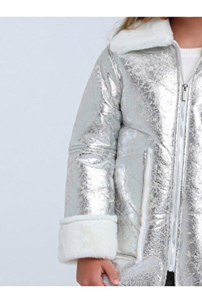 Escabel Kız Çocuk Gümüş Parlak Kumaş İçi Peluş Detaylı Tasarım Mont