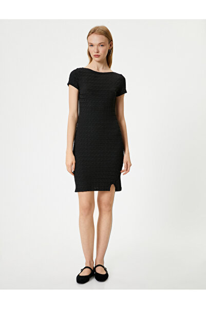 Koton Boat Neck Textured Mini Dress - Slit Detail, Short Sleeve, Slim Fit
