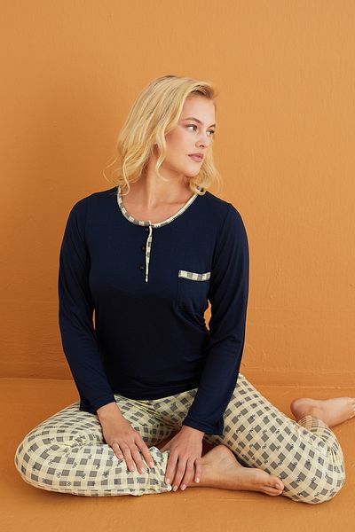 Siyah İnci Navy Blue Green Buttoned Pocket Knitted Pajama Set