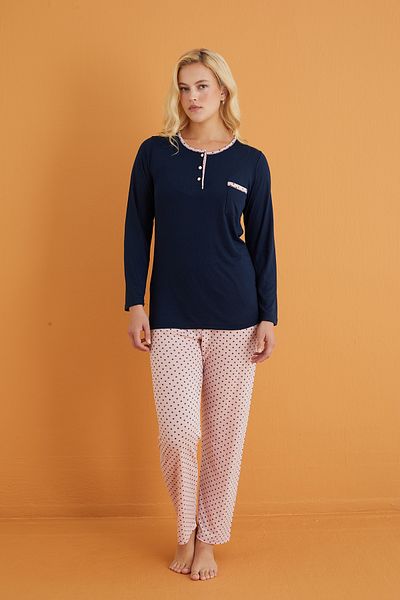 Siyah İnci Navy Blue Salmon Knitted Pajama Set with Buttons and Pockets