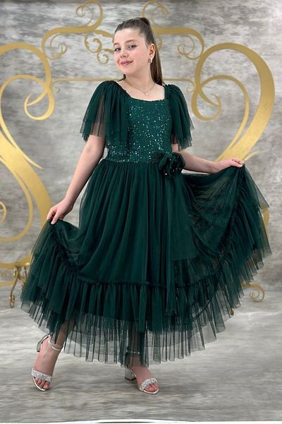 ABİYEKİDS 10-14 Years Girl's Green Tulle Sequined Waiter Boy Evening Dress - ABY154