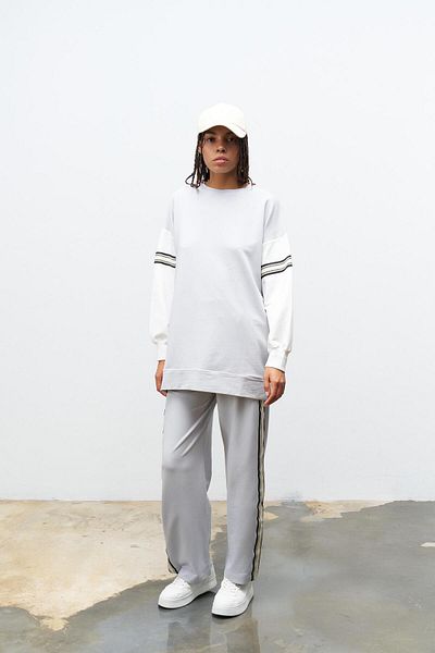 Basicpark Dyed Gray Women's Wide Leg, Elastic Waist Stripe Detailed Cotton Knitted Bottom and Top Set