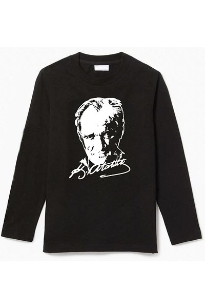 Efendioğlu Design Long Sleeve Ataturk Silhouette and Signature Printed Cotton Children's T-Shirt