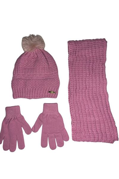 Kitti Pink 3-Piece Set for Girls 9-15 Years - Fleece Beanie, Acrylic Pompom Gloves