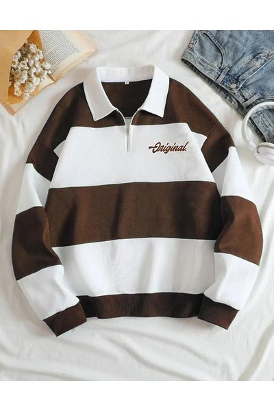 FAVORİST Φούτερ Unisex Oversize Polo Neck Καφέ ριγέ φούτερ - Μισό φερμουάρ