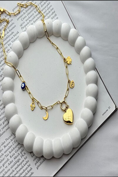 DEMOKAN Kadın Çelik Kolye Elips Zincir Kalp Yonca Hilal Charmlı Kolye