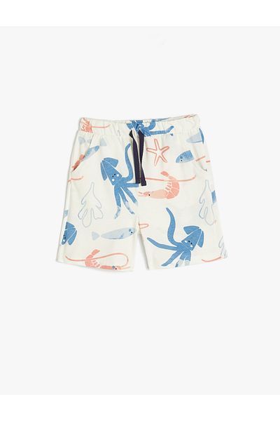 Koton Sea Themed Printed and Pocketed Waist Lace Up Shorts