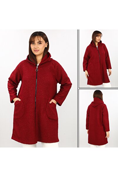 NUR TEKSTİL kadın bordo önden fermuarlı kapşonlu  cepli   italyan buklet  boy...