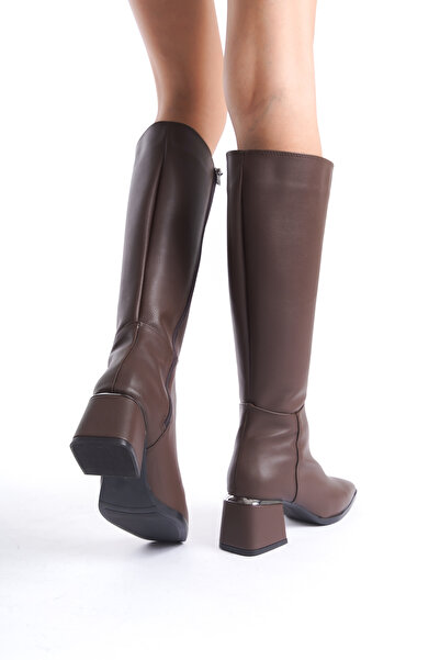Limeo Γυναικείες μακριές μπότες με τακούνι σε καφέ χρώμα, με λαμπερή λεπτομέρεια, με φερμουάρ, δερμάτινη εμφάνιση