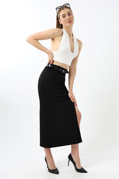 winmoda Fusta de piele intoarsa neagra lungime maxi de 92 cm - cu detaliu cu fanta in fata