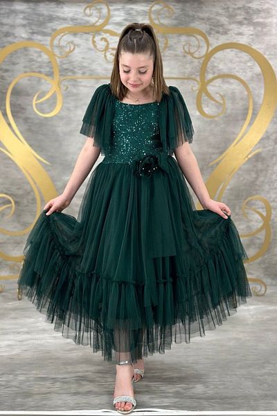 ABİYEKİDS 10-14 Years Girl's Green Tulle Sequined Waiter Boy Evening Dress - ABY154