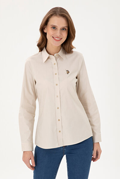 U.S. Polo Assn. Cămașă de bază cu mânecă lungă pentru femei, kaki deschis, 50...