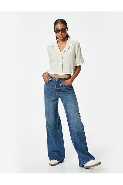 Koton Linen Blended Oversize Crop Shirt - Short Sleeve, Buttoned, Turn-Down Collar