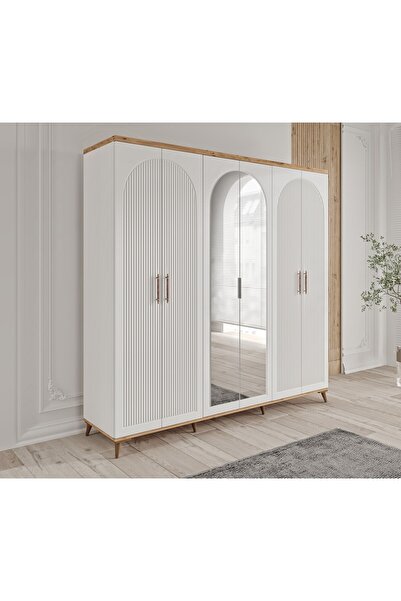 GuneyStore Ücretsiz Montaj - Nevada 6 Kapaklı Aynalı Komple Mdf Gardırop