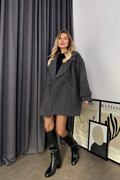 Sue Store Palton din cașmir cu mâneci joase, căptușit pe spate, negru, gri