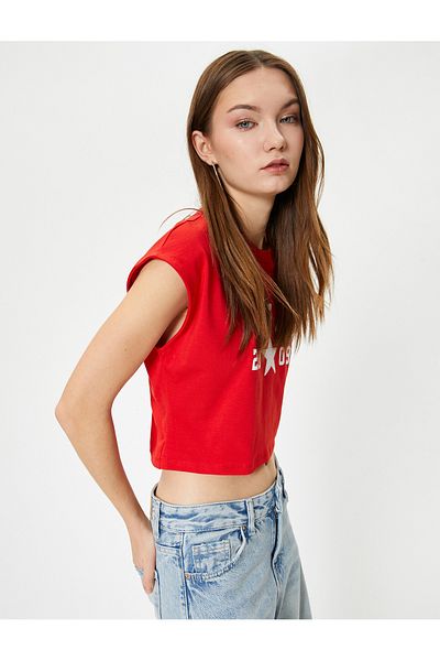 Koton Short Sleeveless T-Shirt College Themed Printed Crew Neck Cotton