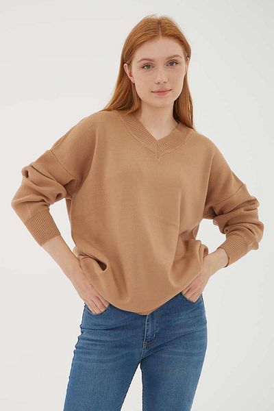Fashion Friends Pulover cu decolteu în V Camel
