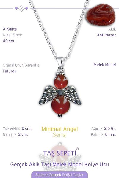 TAŞ SEPETİ Real Agate Natural Stone Minimal Angel Model A Quality Chain Pendant