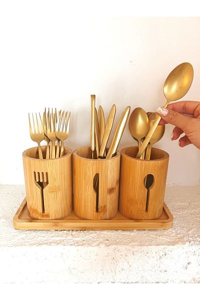 devigo 3-Piece Fork Spoon Knife Organizer Set with Bamboo Base 4 Pieces