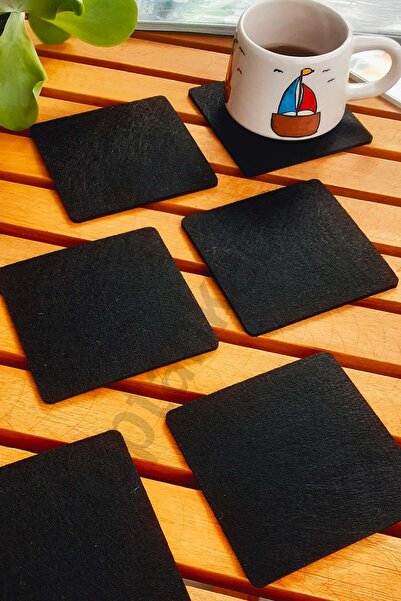 garaccu Şık Keçe Kare Bardak Altlıkları Siyah 6'lı Set