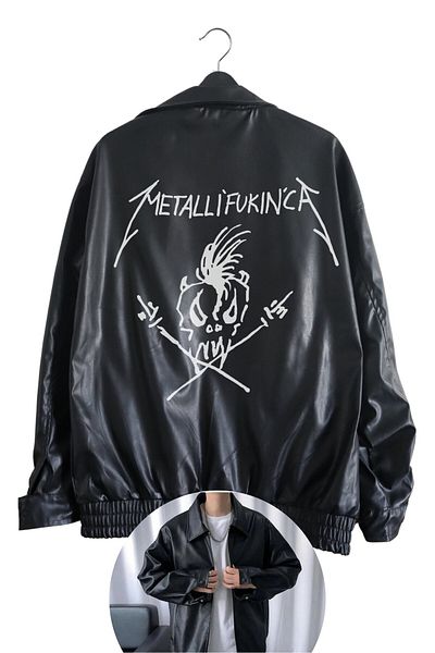 Fuddy Moda Унисекс кожено яке с щампа на Metallica - черна подплата, рок метъл тематика