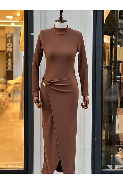 Fiori Ottoman Fabric Buckle Detailed Slit Black Dress
