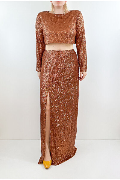 Modaonna Kahverengi payet bluz etek takım