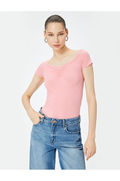 Koton Off-The-Shoulder Body Lace Detailed Draped Short Sleeve Slim Fit