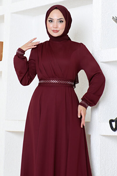 ModaMerve Burgundy Stone Detailed Dress DVL272