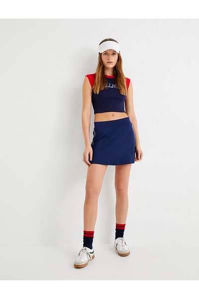 Koton Color Blocked Round Neck Printed Slim Fit Sports Sleeveless Crop T-Shirt
