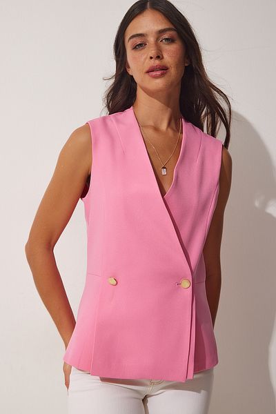 Lovelyİstanbul Pink Double-Breasted Woven Vest - Buttoned, Lwf0008