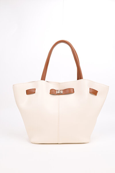 NOTHING Women's Cream Tan Leather Hand and Shoulder Bag with Magnet Closure and Lock Detail