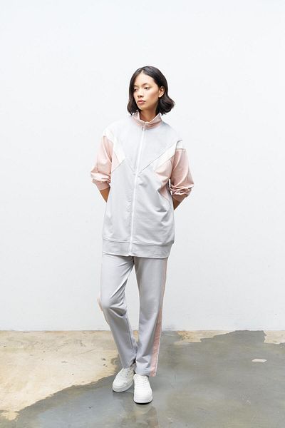 Basicpark Gray Crew Neck Zippered Colorful Women's Trousers - Elastic Top and Knitted Bottom