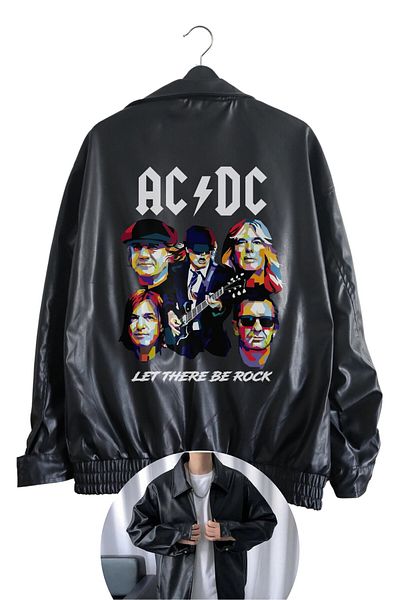 Fuddy Moda Черно кожено яке с щампа AC-DC - унисекс рок метъл принт стрийт облекло