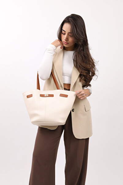 NOTHING Women's Cream Tan Leather Hand and Shoulder Bag with Magnet Closure and Lock Detail