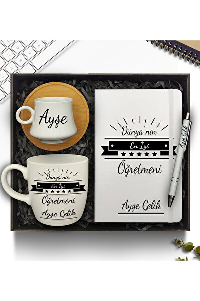 Öğretmenler Günü Temalı Kişiye Özel Defter & Bambu Tabaklı Fincan & Beyaz Kupa & Kalem