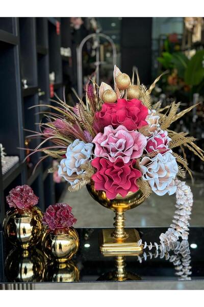 TASARIMHMODA Yapay Çiçekli Gold Kare Ayak Vazo 3 Parça Set No:2