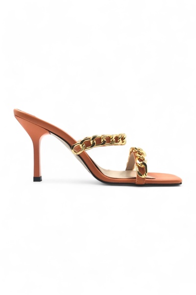 Melen Shoes برتقالي مكتنز - شبشب نسائي بكعب مع تفاصيل سلسلة ذهبية