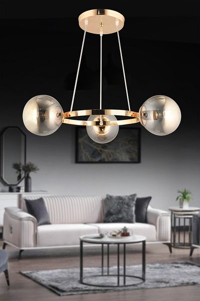 SONSUZ AYDINLATMA&AVİZE Infinite Gold 3-Piece Ring Smoked Globe Glass Modern Chandelier